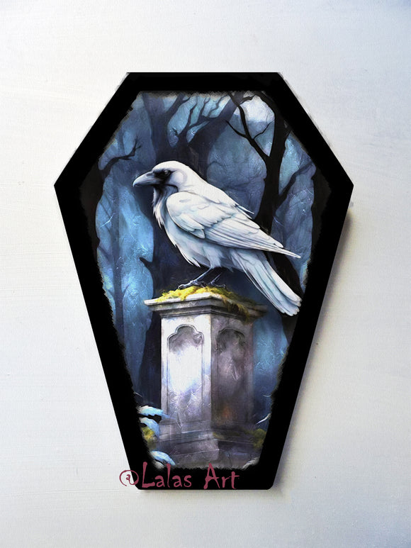 Coffin shaped Art - White Raven