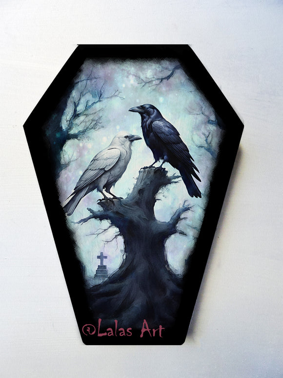 Coffin shaped Art - Black and white Ravens in Love